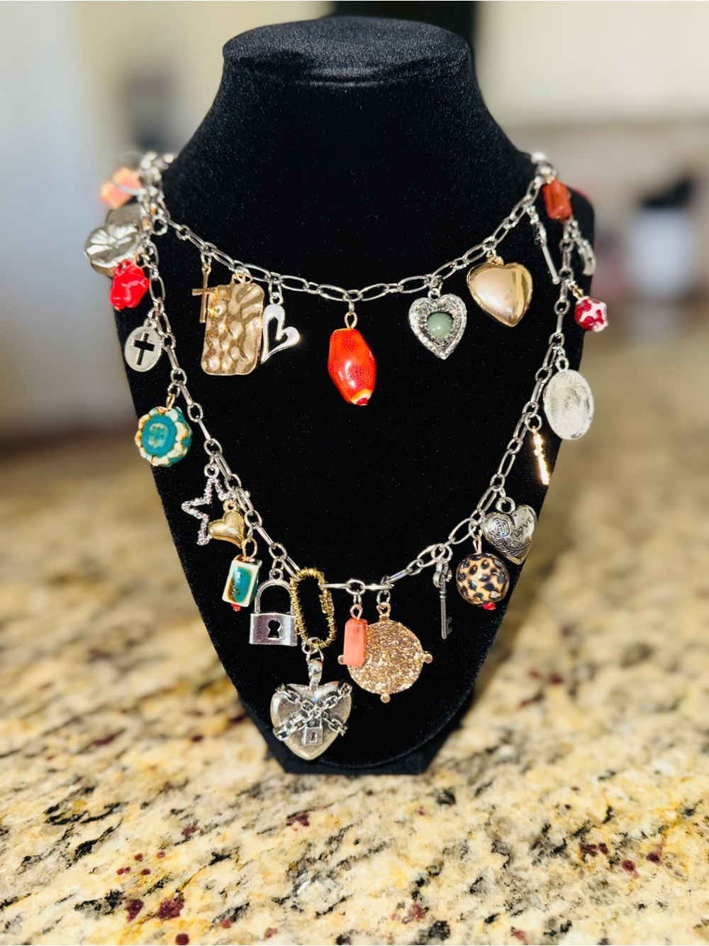 Beautiful Silver Tone - Multi Charm Double Layer Necklace.  NWOT